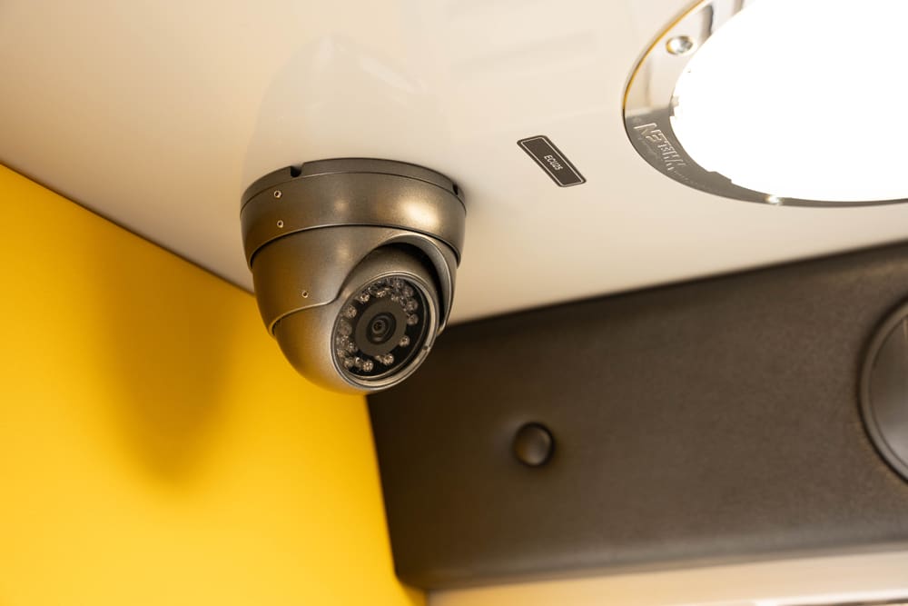 Close-up of an interior dome security camera mounted on the Demers ambulance ceiling, positioned above the patient compartment for onboard monitoring and safety