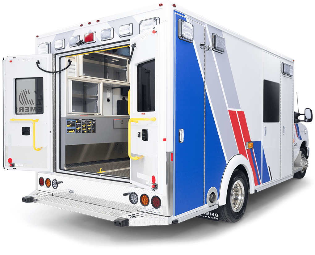 Rear view of a Demers ambulance with the back doors open, showing the patient compartment interior