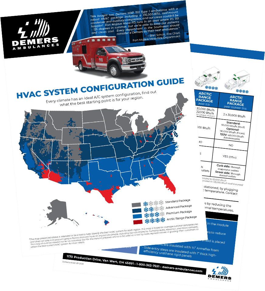 Demers Ambulances HVAC System Configuration Guide showing a U.S. climate map, regional HVAC package recommendations, and comparison details for Standard, Advanced, Premium, and Arctic Range ambulance HVAC options