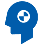 The silhouette of a crash test dummy side profile with the crash test logo - a circle with 4 triangles - on it.